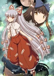 Rule 34 | 3girls, black hair, blue bow, bow, bowtie, brown eyes, brown hair, comiket 106, commentary request, footwear bow, fujiwara no mokou, full moon, green background, grey hair, hair bow, hime cut, hirasaka makoto, houraisan kaguya, light particles, long hair, moon, multiple girls, night, ofuda, ofuda on clothes, open mouth, pants, pink sleeves, ponytail, profile, puffy short sleeves, puffy sleeves, red eyes, red pants, red shoes, shirt, shoes, short sleeves, sidelocks, star sapphire, touhou, very long hair, white bow, white shirt, yellow bow, yellow bowtie