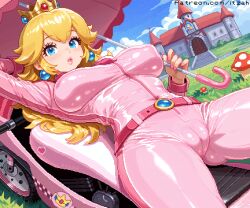 arm_up belt blonde_hair blue_eyes blue_sky blush bodysuit breasts cameltoe cart castle commentary_request covered_erect_nipples crown day earrings itzah jewelry large_breasts lips long_hair looking_at_viewer lying mario_(series) mario_kart mushroom nintendo on_back outdoors parted_lips pink_bodysuit pixel_art princess_peach sidelocks sky umbrella