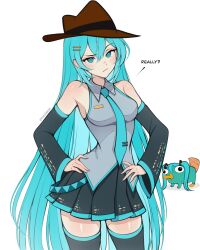 1girl alternate_hairstyle animal aqua_eyes aqua_hair aqua_necktie black_skirt black_thighhighs breasts commentary english_commentary english_text fedora grey_shirt hair_ornament hairclip hands_on_own_hips hat hatsune_miku highres looking_at_viewer medium_breasts miniskirt necktie perry_the_platypus phineas_and_ferb raised_eyebrow shirt skirt thighhighs twintails vivianvalenart vocaloid white_background