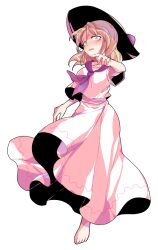 1girl arm_at_side armpit_peek barefoot blush closed_mouth commentary_request crying crying_with_eyes_open dairi feet full_body hat highres large_variant_set long_skirt looking_at_viewer louise_(touhou) medium_hair neckerchief open_mouth orange_eyes orange_hair outstretched_arm parted_lips pink_shirt pink_skirt purple_neckerchief shirt shirt_overhang short_sleeves simple_background skirt solo split_mouth standing standing_on_one_leg tears toes touhou touhou_(pc-98) transparent_background v-shaped_eyebrows variant_set wavy_eyebrows wavy_mouth wide_sleeves yellow_eyes