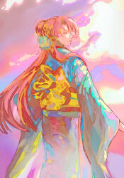 Rule 34 | 1girl, ashashio, blue flower, blue kimono, closed eyes, cloud, cloudy sky, colorful, facing back, flower, from behind, hair flower, hair ornament, highres, japanese clothes, kimono, light smile, long hair, ootori kanae (soukou akki muramasa), overexposure, painterly, peony (flower), pink background, pink hair, ponytail, sash, sky, soukou akki muramasa, very long hair, wide sleeves, yellow sash