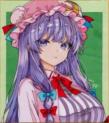 1girl 870hanamarumomo bow breasts closed_mouth crescent crescent_hat_ornament dated dress expressionless green_background hat hat_ornament large_breasts long_hair looking_at_viewer mob_cap patchouli_knowledge purple_eyes purple_hair signature solo striped_clothes striped_dress touhou traditional_media vertical-striped_clothes vertical-striped_dress