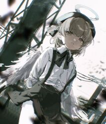 1girl angel_wings arms_behind_back beret black_bow black_bowtie black_skirt blurry bow bowtie brown_eyes brown_hair collared_shirt commentary deezydays depth_of_field dutch_angle halo hashtag-only_commentary hat hatoba_tsugu highres light_smile long_sleeves looking_at_viewer one_side_up pantyhose parted_lips power_lines shirt short_hair sketch skirt sky solo suspender_skirt suspenders tsugu_(vtuber) utility_pole virtual_youtuber white_pantyhose white_shirt wings
