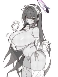 1girl absurdres animal_print bell bikini blue_archive blush breasts closed_mouth collar cow_horns cow_print cow_print_bikini cow_print_thighhighs cowbell cup dark-skinned_female dark_skin eyepatch_bikini fake_horns greyscale hairband halo highres holding holding_cup horns huge_breasts karin_(blue_archive) lactation long_hair looking_at_viewer milk monochrome neck_bell print_bikini print_thighhighs purple_halo rehu_(astd5787) solo swimsuit thighhighs very_long_hair white_thighhighs yellow_eyes