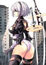 1girl 2b_(nier:automata) ass black_blindfold black_hairband black_thighhighs blindfold breasts building cityscape cleavage cleavage_cutout clothing_cutout covered_eyes covered_navel cowboy_shot feather-trimmed_sleeves hairband highleg highleg_leotard highres juliet_sleeves katana kumakou leotard long_sleeves medium_breasts mole mole_under_mouth multicolored_leotard nier:automata nier_(series) puffy_sleeves short_hair solo sword thighhighs two-tone_leotard weapon white_hair
