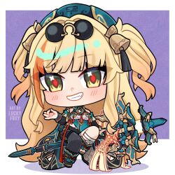 Rule 34 | 1girl, artist name, bare shoulders, bell, black pantyhose, black shoes, black sleeves, blonde hair, blue hat, border, breasts, brown eyes, colored shadow, commentary request, detached sleeves, glasses, grin, hair bell, hair ornament, hat, honkai (series), honkai impact 3rd, long hair, long sleeves, luckyf0xy, medium breasts, money gesture, pantyhose, pince-nez, purple background, shadow, shoes, single leg pantyhose, smile, solo, songque, songque (jovial deception: shadowdimmer), sunglasses, two side up, very long hair, white background, white border
