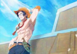 1boy belt black_hair blue_sky closed_mouth commentary_request elbow_pads freckles gunjo_shizuko hand_on_own_hat hat highres jewelry log_pose looking_to_the_side male_focus necklace one_piece orange_belt orange_hat outdoors pearl_necklace portgas_d._ace short_hair shorts single_elbow_pad sky smile solo topless_male twitter_username