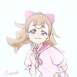 Rule 34 | 1girl, :3, arm behind back, bow, brown eyes, brown hair, commentary request, drawstring, flower, fuefukipiper, hair bow, holding, holding flower, hood, hood down, hoodie, inukai komugi, long hair, looking at viewer, ponytail, precure, short sleeves, smile, solo, tied drawstring, wonderful precure!