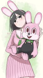 1girl animal_ear_hairband animal_ears asymmetrical_bangs black_eyes black_hair commentary fake_animal_ears green_background green_neckerchief hairband highres holding holding_stuffed_toy long_hair neckerchief official_alternate_costume parted_bangs pink_hairband pink_sailor_collar pink_skirt pkf273ash pleated_skirt rabbit_ear_hairband rabbit_ears sailor_collar sailor_shirt shimizu_hinako shirt silent_hill_(series) silent_hill_f skirt solo standing stuffed_animal stuffed_rabbit stuffed_toy watermark