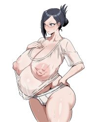 Rule 34 | 1girl, black hair, bleach, breasts, collarbone, corinna21210534, female focus, glasses, hand on own hip, highres, ise nanao, large breasts, nipples, pregnant, see-through clothes, see-through shirt, shiny skin, shirt, simple background, standing, thighs, white background