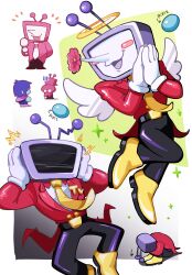 Rule 34 | 1boy, 1other, angel wings, ant tenna, belt, black belt, black pants, blue hair, blue skin, blush stickers, chibi, chibi inset, clutching head, colored skin, crt, deltarune, flower, gloom (expression), gloves, halo, hands on own head, highres, hugging own legs, kris (dark world) (deltarune), kris (deltarune), multiple views, necktie, notice lines, object head, oimo64, pants, pipis (deltarune), pointy nose, shoes, smile, sparkle, static electricity, tailcoat, white gloves, wings, yellow halo, yellow necktie, yellow shoes