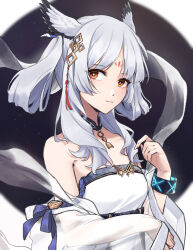 1girl arknights bare_shoulders bright_pupils chinese_commentary closed_mouth commentary_request facial_mark forehead_mark hagoromo hair_ornament hand_up highres infection_monitor_(arknights) light_particles looking_at_viewer medium_hair official_alternate_costume orange_eyes ptilopsis_(amongst_the_clouds)_(arknights) ptilopsis_(arknights) shawl solo tassel tassel_hair_ornament upper_body white_hair white_pupils white_shawl xia_bao_(wulalala)