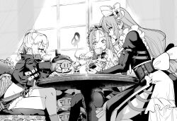 3girls absurdres alexandrina_sebastiane commentary_request crossed_legs cup curtains denim denim_shorts greyscale highres holding holding_cup indoors long_hair long_sleeves luciana_de_montefio maid maid_headdress midriff monochrome multicolored_hair multiple_girls navel no_headwear pantyhose pointy_ears shorts side_ponytail sitting streaked_hair table teacup vivian_banshee window yoruniyoruyoshi zenless_zone_zero