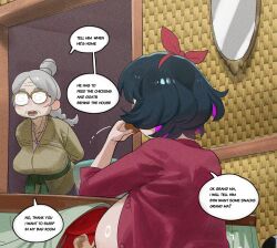 1boy 2girls arms_behind_back ball black_hair bowl breasts clothes_lift comic commentary eating english_text enta_(nia) food glasses grandmother_and_granddaughter grey_hair hairband highres huge_breasts indoors jewelry kotatsu large_breasts looking_at_another multiple_girls necklace nia_(nia4294) old old_woman opaque_glasses open_clothes open_shirt original purple_hair red_hairband red_shirt rug segmented_comic shirt shirt_lift short_hair speech_bubble symbol-only_commentary table typo under_kotatsu under_table yellow-framed_eyewear