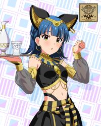 1girl ancient_egyptian ancient_egyptian_clothes animal_ear_fluff animal_ears blue_hair blue_nails braid breasts cat_ears commentary_request cowboy_shot detached_sleeves fake_animal_ears game_cg hands_up holding holding_tray idolmaster idolmaster_million_live! idolmaster_million_live!_theater_days looking_at_viewer medium_hair midriff multicolored_nails nail_polish nanao_yuriko navel official_art see-through_clothes see-through_sleeves solo standing third-party_source tray two-tone_nails usekh_collar yellow_eyes yellow_nails