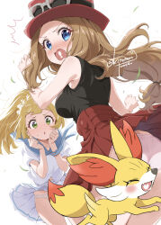 2girls blonde_hair blue_eyes blush breasts brown_hair collarbone commentary_request commission fennekin gen_6_pokemon green_eyes hat highres kitahara_tomoe_(kitahara_koubou) large_breasts lillie_(pokemon) long_hair low-tied_long_hair multiple_girls nintendo panties pink_panties pixiv_commission pokemon pokemon_(creature) pokemon_sm pokemon_xy red_skirt serena_(pokemon) skirt sunglasses surprised underwear white_background white_panties white_skirt
