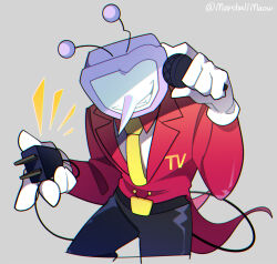1boy ant_tenna belt black_belt black_pants cropped_legs crt deltarune electric_plug electric_plug_tail gloves grey_background grin highres holding holding_microphone male_focus microphone necktie nnsn_gnbe object_head pants pointy_nose simple_background smile solo tail tailcoat teeth twitter_username white_gloves yellow_necktie