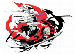 1boy 1girl bike_shorts boots character_request cloak etrian_odyssey highres holding holding_sword holding_weapon knee_boots nikki_kyousuke open_mouth pleated_skirt puffy_short_sleeves puffy_sleeves red_cloak red_skirt shirt shoe_soles short_sleeves shorts shorts_under_skirt signature simple_background skirt sword upskirt watermark weapon white_background