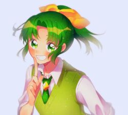 Rule 34 | 1girl, bare arms, blue background, bow, collared shirt, eyelashes, finger to cheek, green eyes, green hair, green necktie, green vest, grin, hair bow, light blush, light particles, midorikawa nao, nachuchoco, nanairogaoka middle school uniform, necktie, parted bangs, ponytail, precure, school uniform, shirt, short hair, short ponytail, short sleeves, simple background, smile, smile precure!, solo, sweater vest, tareme, tie clip, upper body, v-neck, vest, white shirt, yellow bow