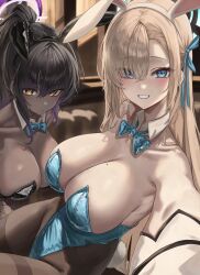 2girls absurdres animal_ears aqua_leotard armpits asuna_(blue_archive) asuna_(bunny)_(blue_archive) asymmetrical_bangs bare_shoulders black_hair black_leotard blonde_hair blue_archive blue_bow blue_bowtie blue_eyes blue_leotard blush bow bowtie breasts cleavage colored_tips dark-skinned_female dark_skin detached_collar fake_animal_ears fishnet_pantyhose fishnets grin hair_over_one_eye hair_ribbon halo hashtag-only_commentary high_ponytail highleg highleg_leotard highres karin_(blue_archive) karin_(bunny)_(blue_archive) large_breasts leotard long_hair looking_at_viewer mole mole_on_breast multicolored_hair multiple_girls numnumhan_ningen official_alternate_costume outstretched_arm pantyhose playboy_bunny ponytail purple_hair purple_halo rabbit_ears rabbit_tail ribbon sidelocks sitting smile strapless strapless_leotard tail thighband_pantyhose traditional_bowtie very_long_hair yellow_eyes