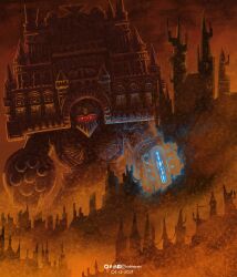 2024 absurdres adeptus_mechanicus architecture arm_cannon artificial_eye artist_name artstation_logo artstation_username castle cathedral city cityscape collegia_titanica dated deviantart_logo deviantart_username energy_cannon extra_eyes facebook_logo facebook_username facing_viewer flying_buttress glowing glowing_eyes gothic_architecture highres imperial_aquila imperium_of_man instagram_logo instagram_username mecha mechanical_eye niellustrate plasma_cannon plateau red_eyes robot shoulder_cannon tower twitter_logo twitter_username warhammer_40k weapon