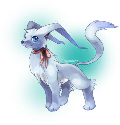 Rule 34 | blue eyes, blue fur, choko (sweetpocket), commentary request, creature, creature focus, dog, full body, gelert, looking to the side, neck ribbon, neopet (creature), neopets, no humans, red ribbon, ribbon, signature, smile, solo, standing