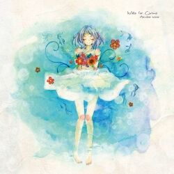 Rule 34 | 1girl, absurdres, album cover, artist request, bare shoulders, barefoot, blue background, blue flower, blue hair, blush, bruise, closed eyes, cover, dress, facing viewer, fern, fish, floating clothes, flower, full body, highres, holding, holding flower, injury, jewelry, leaf, marmalade butcher (band), medium hair, multicolored hair, necklace, official art, orange flower, painting (medium), pearl necklace, purple flower, purple hair, red flower, second-party source, solo, song name, spaghetti strap, straight-on, streaked hair, sundress, sunflower, traditional media, watercolor (medium), white dress, yellow flower