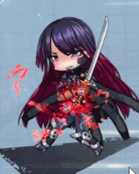 1girl akiyama_rinko akiyama_rinko_(future) animated animated_gif armor breasts cape chibi clothing_cutout fighting_stance gradient_hair greaves high_heels holding holding_sword holding_weapon katana lilith-soft long_hair lowres medium_breasts multicolored_hair pauldrons purple_eyes purple_hair red_hair serious shiny_skin shoulder_armor single_pauldron sword taimanin_(series) taimanin_rpgx taimanin_suit taimanin_yukikaze tongue tongue_out underboob underboob_cutout very_long_hair weapon