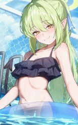 1girl absurdres alternate_costume bikini black_bikini blue_archive blue_innertube blush breasts chain-link_fence closed_mouth day demon_girl demon_tail fang fang_out fence frilled_bikini frills green_hair green_halo hair_between_eyes halo highres loli long_hair looking_at_viewer navel nozomi_(blue_archive) oiru_(613) pointy_ears pool ruffle_bikini skin_fang small_breasts smile solo swim_ring swimsuit tail very_long_hair water yellow_eyes