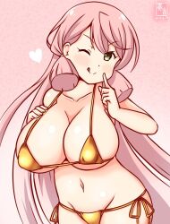 Rule 34 | 1girl, akashi (kancolle), alternate costume, artist logo, bikini, blunt tresses, breasts, covered erect nipples, dated, gold bikini, gradient background, green eyes, hair ribbon, index finger raised, kanon (kurogane knights), kantai collection, large breasts, logo, long hair, micro bikini, one-hour drawing challenge, one eye closed, pink background, pink hair, ribbon, side-tie bikini bottom, solo, swimsuit, tress ribbon