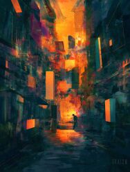 Rule 34 | 1other, alley, atmospheric perspective, city, cube, dkaism, floating, floating object, full body, house, leaning back, limited palette, orange light, original, painterly, scenery, silhouette, solo, sunset, window