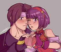 asamiya_athena blushing_male brown_hair charlyarts hair_ornament heart heart_hands heart_hands_duo highres kusanagi_kyou pale_skin psycho_soldier purple_eyes purple_hair short_hair snk star_(symbol) star_hair_ornament the_king_of_fighters the_king_of_fighters_xv