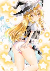 1girl ass black_hat blonde_hair bow braid closed_mouth dot_nose hair_between_eyes hat hat_bow highres huyugiri_luna kirisame_marisa light_blush light_smile long_hair marker_(medium) panties puffy_sleeves solo star_(symbol) star_symbol_background thighs touhou traditional_media underwear very_long_hair white_bow white_panties witch_hat yellow_eyes