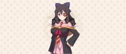 1girl arue_(konosuba) black_robe bow breasts brown_hair closed_mouth collared_dress cowboy_shot diagonal-striped_clothes diagonal-striped_necktie dress drill_hair drill_sidelocks eyepatch game_cg hair_between_eyes hair_bow hand_on_own_hip highres kono_subarashii_sekai_ni_shukufuku_wo! konosuba!_fantastic_days large_bow large_breasts light_blush long_hair looking_at_viewer necktie off_shoulder official_art orange_necktie patterned_background pink_dress purple_bow red_eyes red_necktie red_prison_magic_school_uniform robe school_uniform short_dress sidelocks smile solo standing striped_clothes tachi-e two-tone_necktie