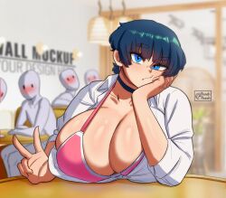1girl 4others :t absurdres black_choker black_hair blue_eyes blunt_bangs blush bra breast_rest breasts breasts_on_table bursting_breasts cafe choker cleavage commentary crowd english_commentary faceless head_rest highres huge_breasts looking_at_another looking_at_viewer multiple_others mun_(mai_munah) munah_munah nose_blush original partially_unbuttoned pink_bra short_hair solo_focus underwear v