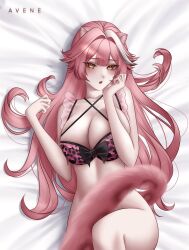 1girl animal_ears animal_print artist_name avene_chan bare_shoulders bed_sheet black_bow blush bottomless bow bra breasts collarbone commentary hair_intakes hashtag-only_commentary highres hololive hololive_english large_breasts leopard_print leopard_print_bra long_hair looking_at_viewer lying multicolored_hair on_back open_mouth panther_ears panther_girl panther_tail pink_bra pink_hair raora_panthera solo streaked_hair tail thighs underwear virtual_youtuber yellow_eyes