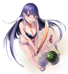 1girl bad_perspective bare_arms bare_legs bare_shoulders barefoot bikini black_bikini blindfold blindfold_slip blue_eyes blunt_bangs bokken breasts choker cleavage cross cross_choker fate/grand_order fate_(series) female_focus flip-flops flip-flops_removed food frilled_bikini frills fruit full_body groin holding holding_sword holding_weapon jewelry leg_up long_hair martha_(fate) martha_(swimsuit_ruler)_(fate) medium_breasts mismatched_bikini nekomata_naomi pendant purple_hair sandals shadow simple_background solo standing standing_on_one_leg straight_hair suikawari sweatdrop swimsuit sword toes two-handed unworn_sandals very_long_hair watermelon weapon white_background white_bikini wooden_sword