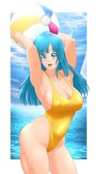 1girl bare_shoulders beach blue_eyes blue_hair blue_sky breasts casual_one-piece_swimsuit cleavage curvy dragon_ball dragonball_z highleg highleg_one-piece_swimsuit highres long_hair looking_at_viewer maron_(dragon_ball) ocean omiiverse one-piece_swimsuit shiny_skin sky smile swimsuit water wet wide_hips yellow_one-piece_swimsuit