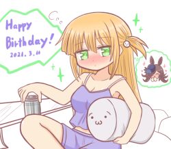 2girls animal_ears bare_arms bare_shoulders beer_can blonde_hair blue_flower blue_rose blush breasts brown_hair camisole can cleavage closed_eyes closed_mouth collarbone dated drink_can drunk flower green_eyes hair_between_eyes hair_ornament hair_over_one_eye happy_birthday hat heart holding holding_can horse_ears long_hair medium_breasts multiple_girls nose_blush one_side_up original pillow purple_shorts reverse_(bluefencer) rice_shower_(umamusume) rose short_shorts shorts sitting sparkle speech_bubble strap_slip table thought_bubble tilted_headwear umamusume very_long_hair white_background