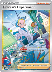 1boy ahoge akikan_(kantaro) artist_name bag bagel bagel_sandwich blonde_hair blue_hair blueprint_(object) cable card_(medium) character_name circuit_board closed_mouth colress_(pokemon) company_name copyright_name copyright_notice cup disposable_cup drinking_straw dutch_angle english_text food glasses gloves great_ball heavy_ball holding holding_food holographic_interface id_card indoors jacket lab_coat male_focus multicolored_hair nintendo official_art plant pliers poke_ball poke_ball_(basic) pokemon pokemon_bw2 pokemon_card pokemon_tcg potion_(pokemon) screw screwdriver short_hair solo third-party_source trading_card tweezers two-tone_hair white_gloves white_jacket wire yellow_eyes