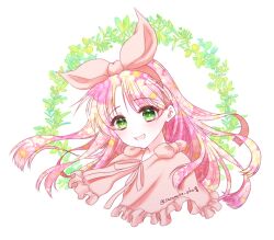 1girl :d blush bow capelet green_eyes hair_bow laura_newfield long_hair open_mouth pink_bow pink_capelet pink_hair sasamuke_pika smile solo unmoving_pattern white_background yuukyuu_gensoukyoku