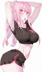 1girl absurdres alternate_costume black_shirt black_shorts breasts high_ponytail highres holding hololive hololive_english kamiya_maneki large_breasts long_hair looking_at_viewer mori_calliope pink_eyes pink_hair ponytail ponytail_holder red_eyes shirt shorts sidelocks smile solo track_suit virtual_youtuber white_background