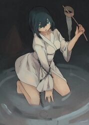 1girl absurdres alternate_costume barefoot black_background black_hair blue_eyes chain from6fu highres holding holding_ladle japanese_clothes kimono kneeling ladle long_hair long_sleeves murasa_minamitsu partially_submerged solo touhou water white_kimono