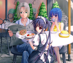 1boy 2girls arin blush food glasses kooh long_hair max max_(pangya) multiple_girls newspaper pangya pie sandwich twintails waitress yamazaki_karia