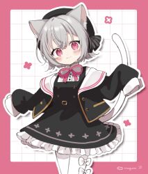 1girl :3 animal_ear_fluff animal_ears beret binchou_maguro black_dress black_jacket black_ribbon blush border bow buttons cat_ears cat_girl cat_tail commentary_request cowboy_shot dress frilled_skirt frills grey_hair hat hat_ribbon high_collar highres jacket long_sleeves looking_at_viewer neck_ribbon pantyhose pink_border pink_eyes pink_ribbon ribbon sailor_collar sayo_(voicevox) shirt short_hair skirt sleeveless sleeveless_dress sleeves_past_wrists standing tail thigh_bow voicevox white_background white_bow white_pantyhose white_shirt