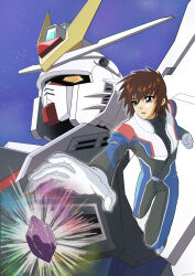 brown_hair gundam gundam_seed gundam_seed_freedom highres kira_yamato mecha mobile_suit_gundam pilot_suit purple_eyes robot strike_freedom_gundam user_rsnz3383 v-fin