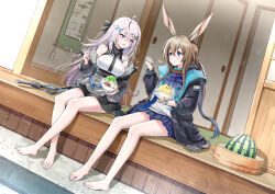 2girls amiya_(arknights) animal_ears arknights bare_legs bare_shoulders barefoot blue_eyes blush brown_hair eating feet food fruit highres honshiro_nikori legs long_hair multiple_girls no_legwear open_mouth pink_eyes rabbit_ears sbi_e-sports shaved_ice shunsui_rei sitting skirt spoon sword toes virtual_youtuber watermelon weapon white_hair wooden_porch