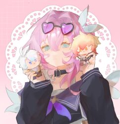 1girl alternate_costume bandaid bandaid_on_face belt_collar black_shirt blue_eyes character_doll chinese_commentary collar commentary_request cyrene_(honkai:_star_rail) doll eyewear_on_head hair_ornament heart heart-shaped_eyewear highres honkai:_star_rail honkai_(series) medium_hair multicolored_hair mydei_(honkai:_star_rail) phainon_(honkai:_star_rail) pink_background pink_hair shirt smile solo sunglasses two-tone_hair upper_body white_hair zhipeininao