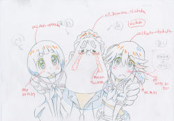 10s 1girl :c :t animation_paper blush color_trace confused dress frown glasses highres key_frame kill_la_kill mankanshoku_barazou mankanshoku_mako matoi_ryuuko multicolored_hair official_art partially_colored production_art promotional_art ribbon sailor_dress school_uniform short_hair signature simple_background sketch skirt tears trigger_(company) white_background