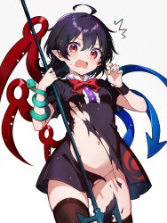 1girl ahoge asymmetrical_wings black_dress black_hair black_thighhighs blue_wings blush bow bowtie breasts chikuzen1996 crying dress embarrassed groin highres holding holding_weapon houjuu_nue medium_hair navel no_panties open_mouth polearm red_bow red_eyes red_wings simple_background small_breasts solo standing sweatdrop thighhighs torn_clothes torn_dress touhou trident weapon white_background wings